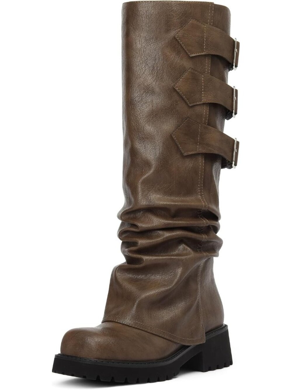 👢Women's Brown Knee High Moto Riding Boots Fold Over Block Heels Platform Boot